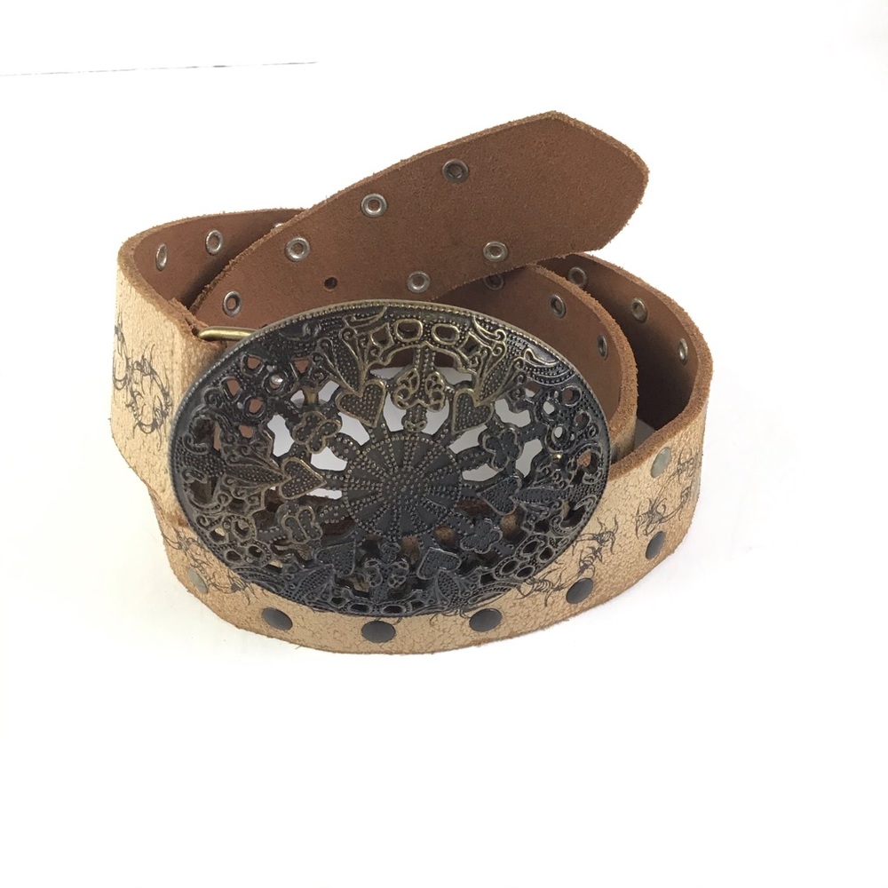 Distressed Cream Genuine Leather Studded Belt